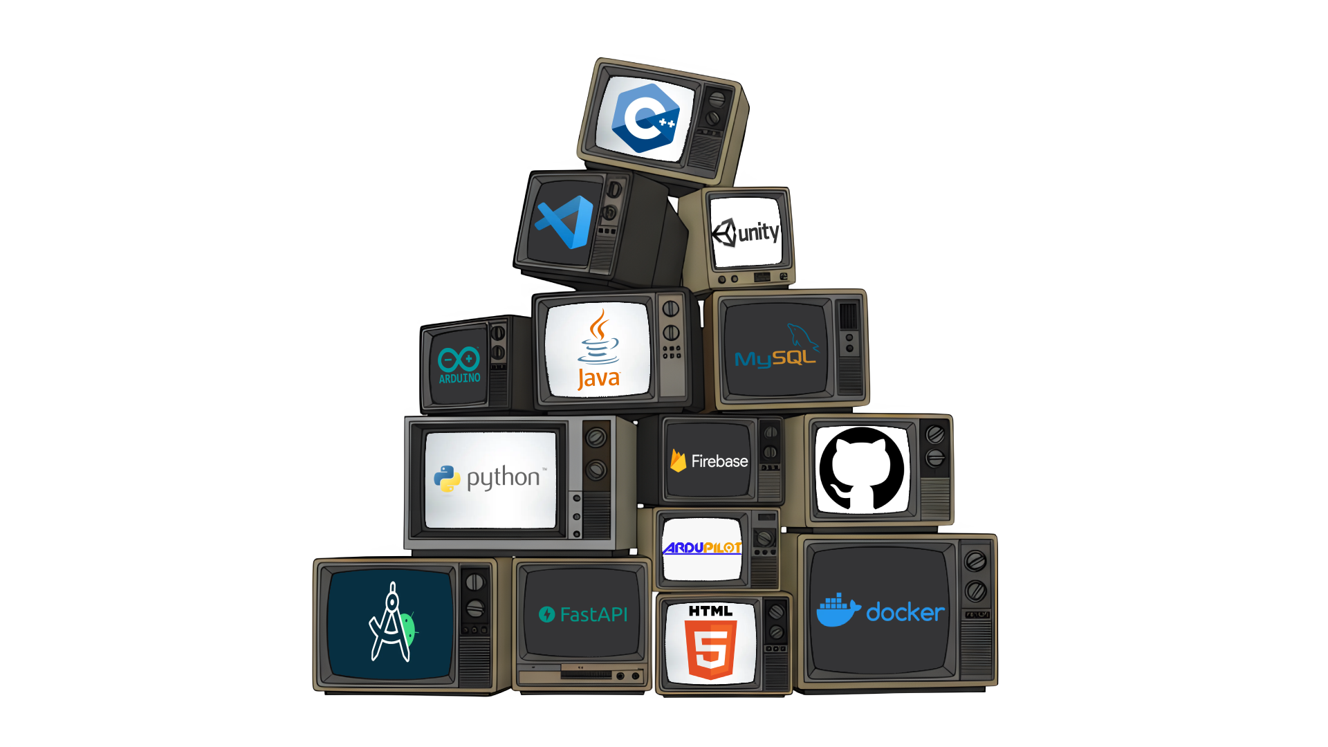 A stack of retro televisions, each screen showing a technology logo: C++, Unity, Java, MySQL, Python, Firebase, GitHub, Docker, FastAPI, HTML5, Android Studio, Arduino, ArduPilot and VS Code